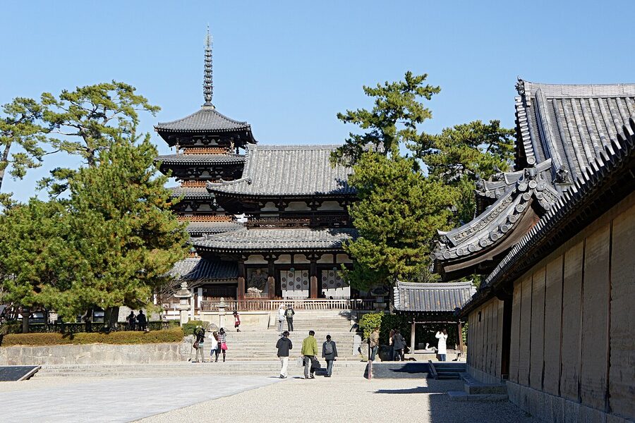 The five-storey pagoda at Horyu-ji, Nara prefecture, with white plaster walls and curved eaves.