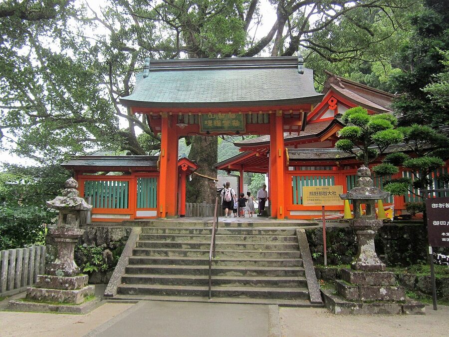 Kumano Nachi Taisha shrine pagoda framed against the Nachi waterfall.