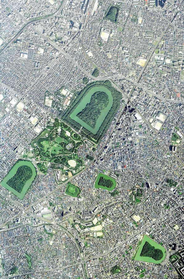 Aerial view of the keyhole-shaped Daisen Kofun and surrounding mounds in Sakai, Osaka.