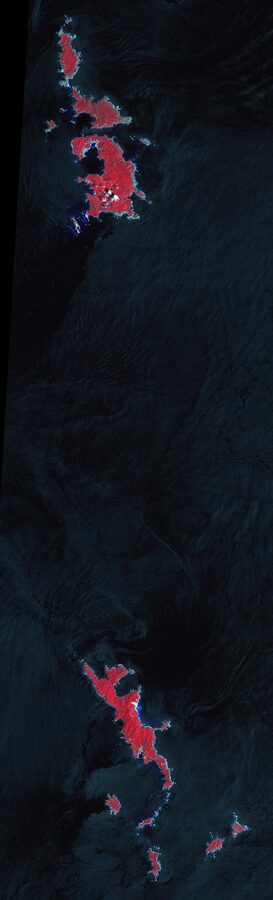 ASTER satellite image of the Ogasawara Islands chain, small subtropical islands in the Pacific.