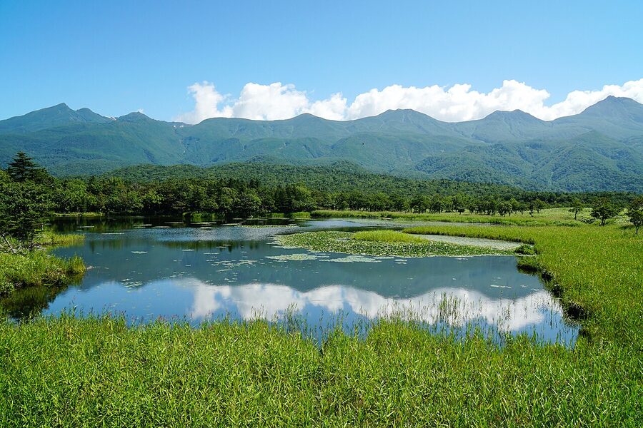 The Shiretoko Goko Five Lakes boardwalk, lake reflecting the ridge in calm water.