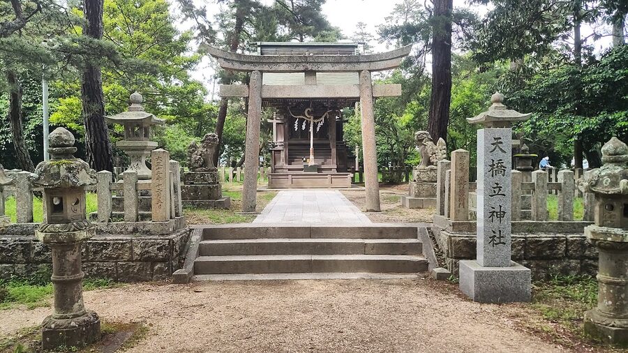 Amanohashidate sandbar pine grove with shrine in foreground