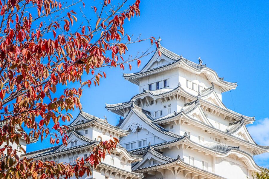 Himeji Castle keep with autumn red leaves in foreground