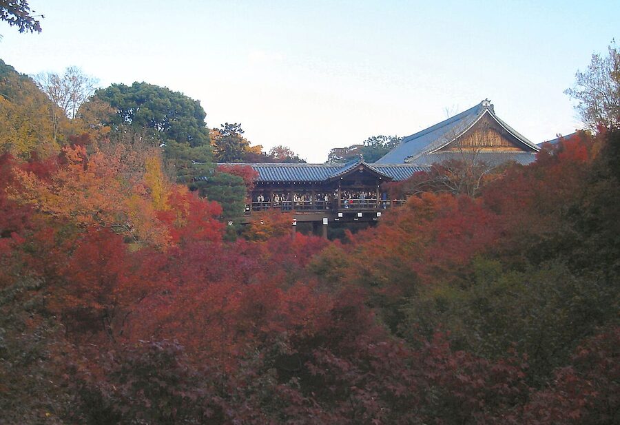 The wooden Tsutenkyo bridge at Tofuku-ji crossing a small valley filled with red and orange maple leaves