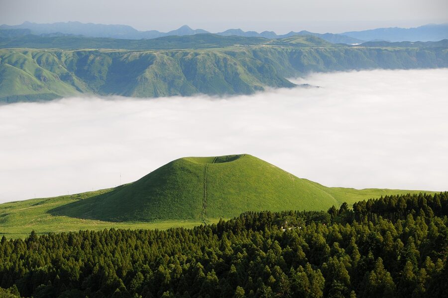 Komezuka scoria cone in Aso caldera with sea of clouds