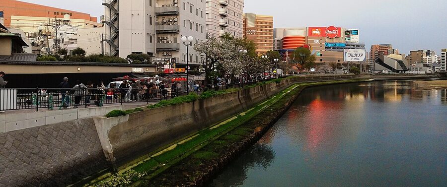Hakata yatai stalls along the Naka River in Fukuoka at evening