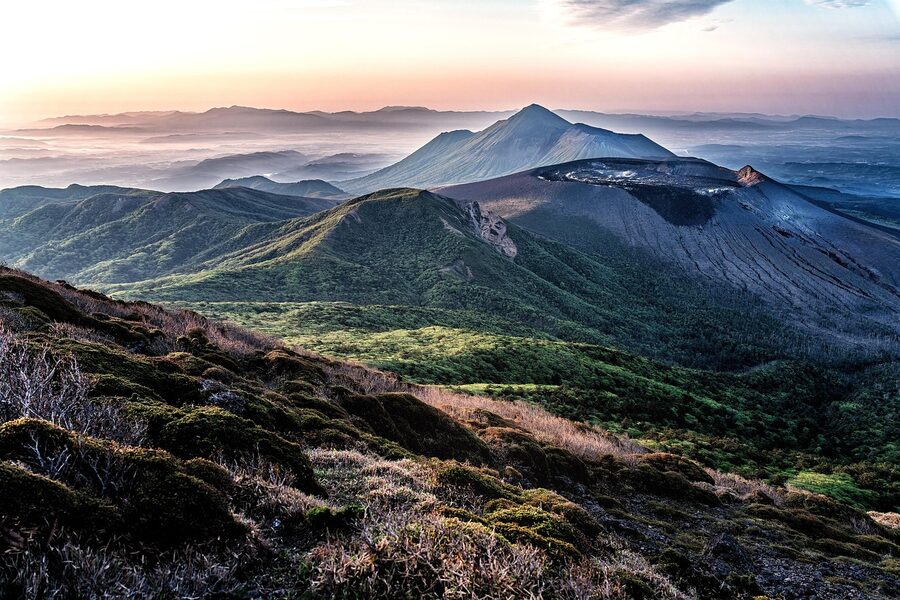 Kirishima mountain range crater in early morning, southern Kyushu