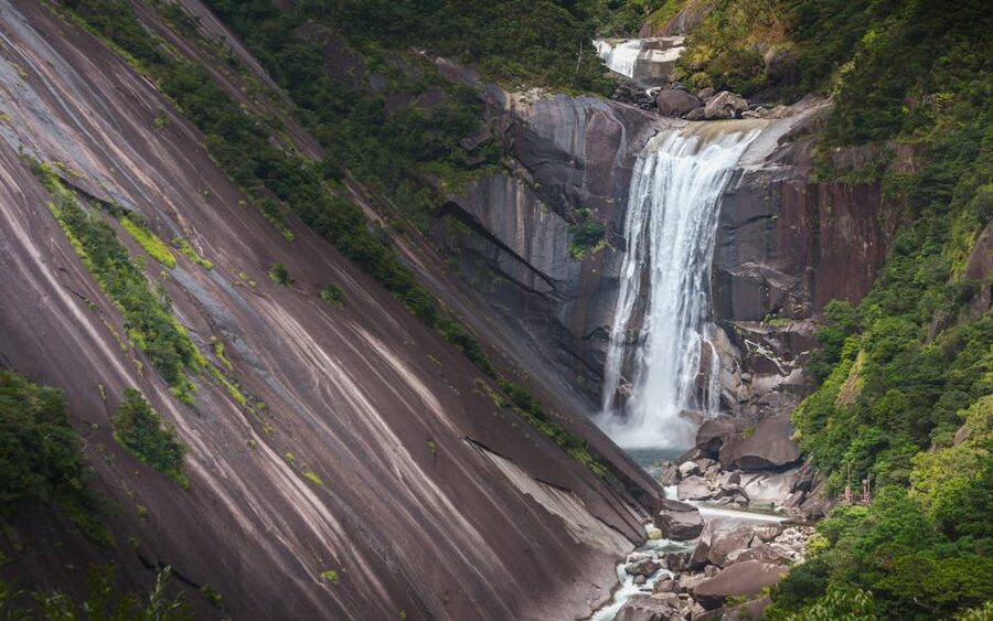Waterfall on Yakushima island, surrounded by lush rainforest