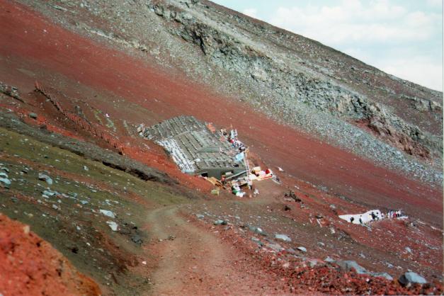 Mt Fuji rest station with climbers near the trailhead area