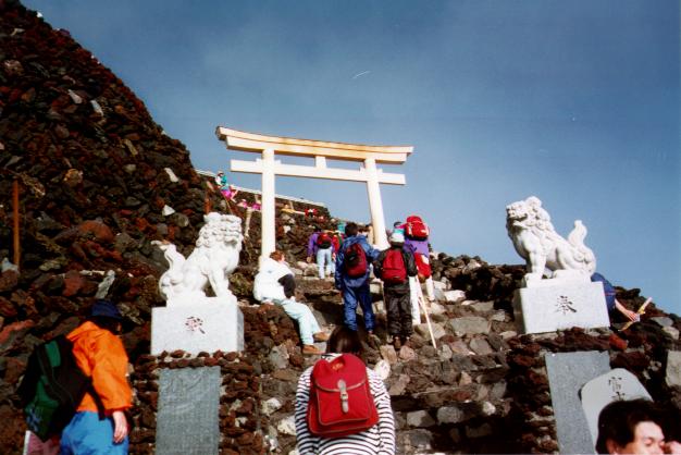 A torii gate at the summit of Mt Fuji