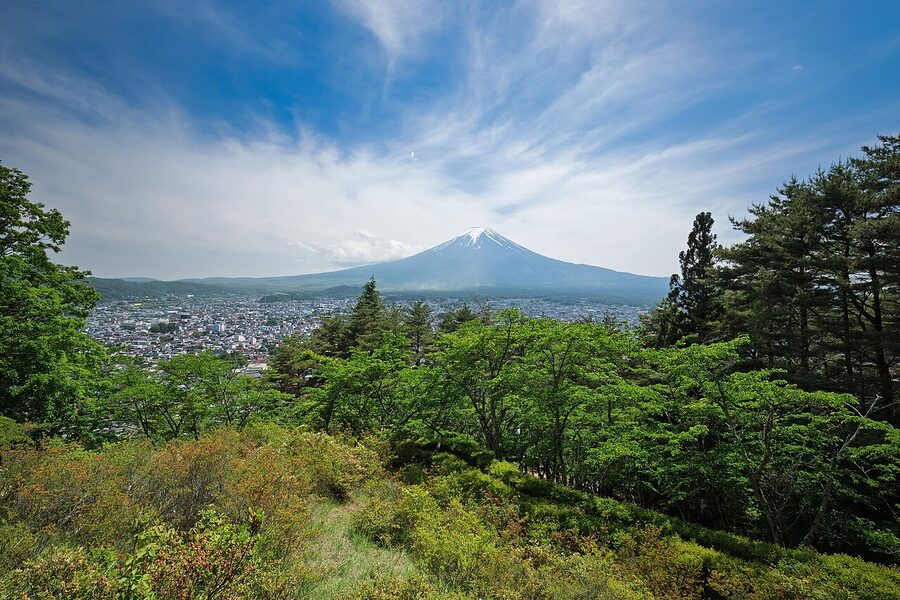 View towards Mount Fuji from Arakurayama Sengen Park near the Chureito Pagoda