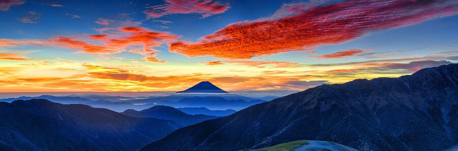 Mount Fuji at dawn with morning glow on the snow