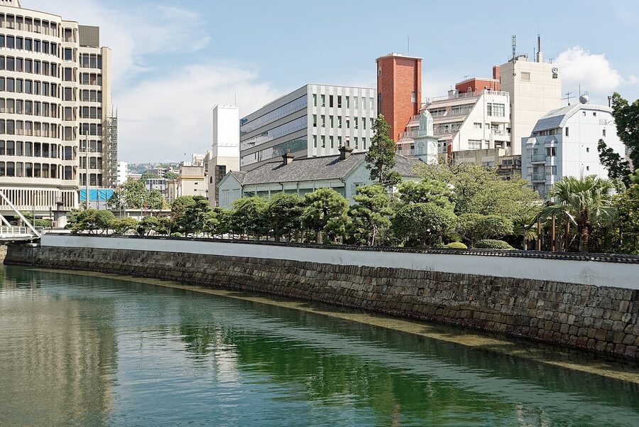 Dejima reconstructed Dutch trading post in Nagasaki viewed from Tamae Bridge