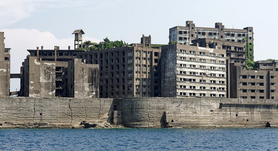 Hashima Battleship Island viewed from the cruise boat