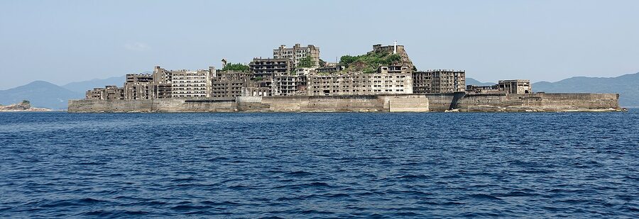 Hashima ruined buildings from the landing pier