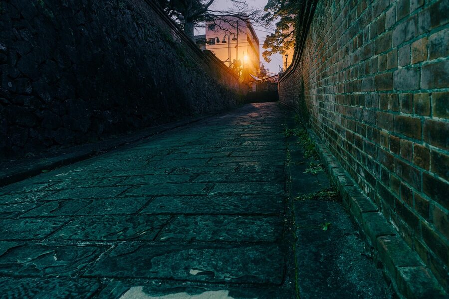 Hollander slope cobblestone alley in Nagasaki at night