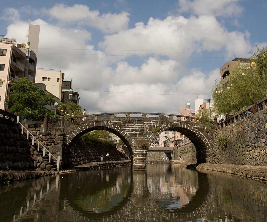 Meganebashi twin arches reflected in the river