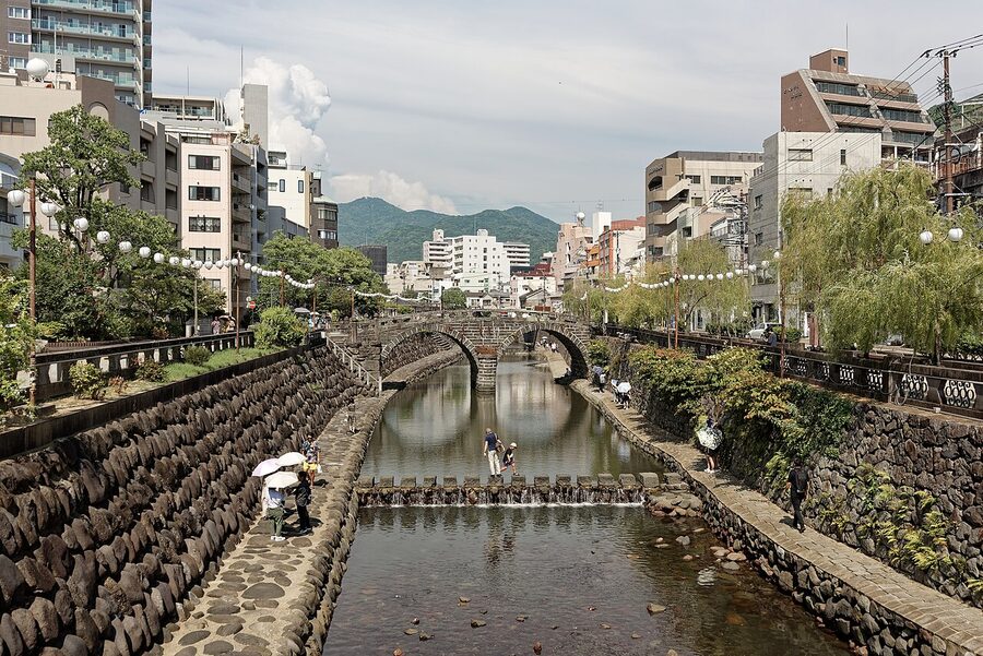 Meganebashi spectacles bridge over the Nakashima River in Nagasaki