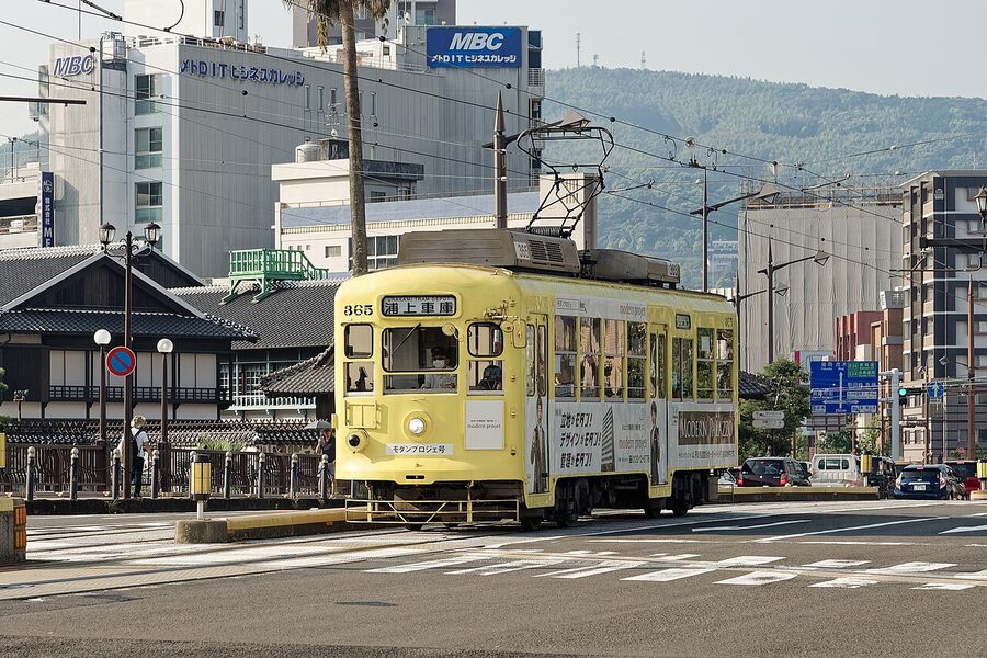 Vintage Nagasaki tram on the city tracks