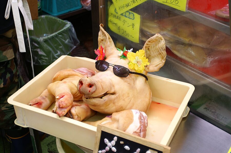 Pork butcher counters at Makishi Public Market