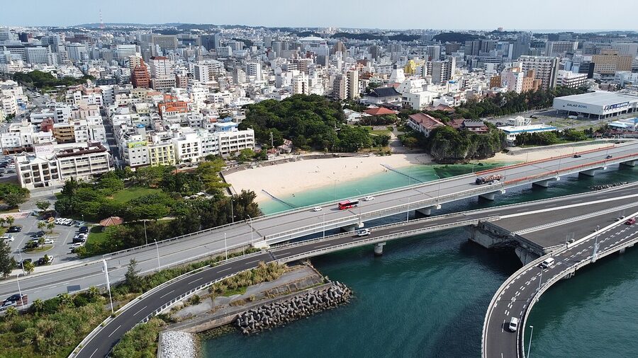Naminoue Beach aerial view with Naha skyline
