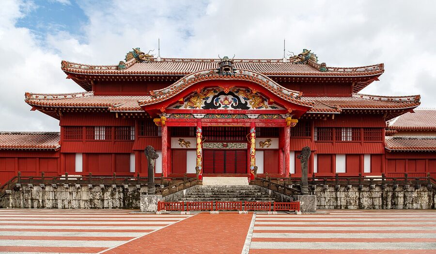Aerial view of Shuri Castle and the Naha skyline
