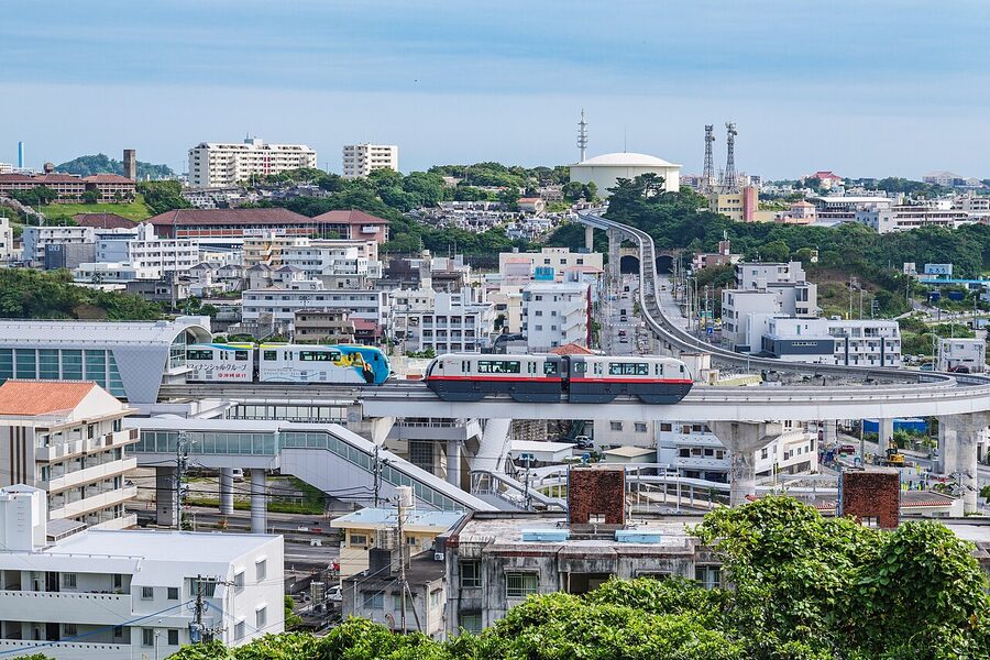 Two Yui Rail monorail trains passing