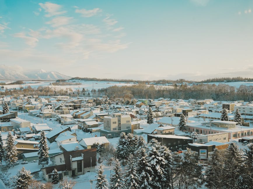 Aerial view of snow-covered town in Hokkaido
