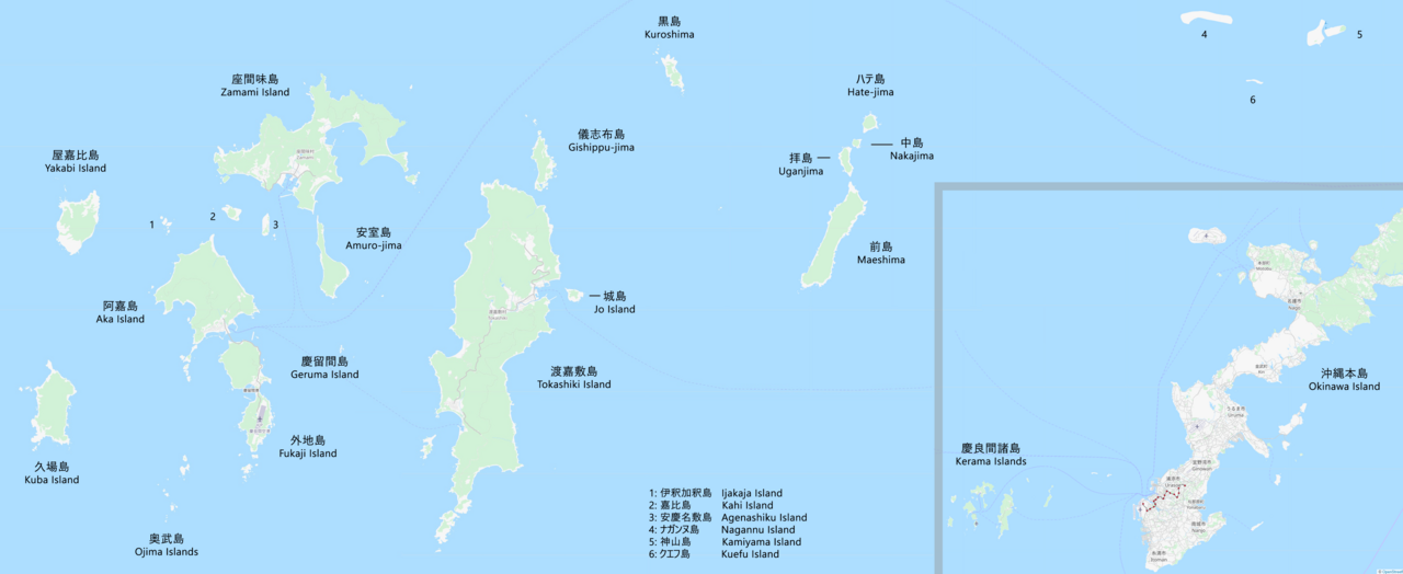 Map of the Kerama Islands national park west of Okinawa main island