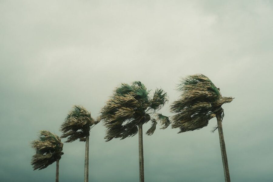 Heavy storm clouds gathering over a tropical coastline in Okinawa