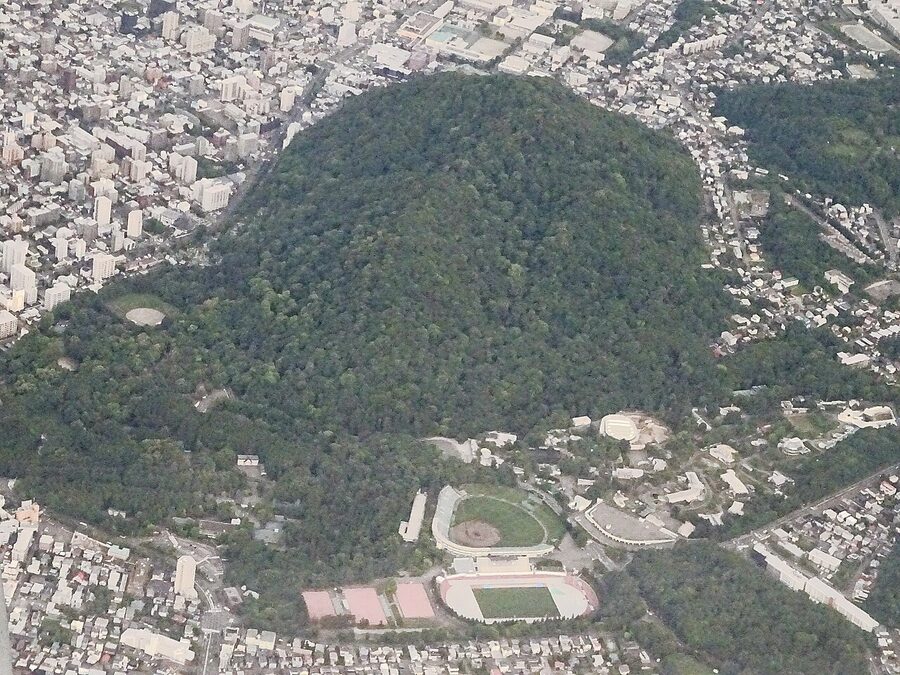 Aerial view of Maruyama Park in Sapporo, the green hill west of the city centre