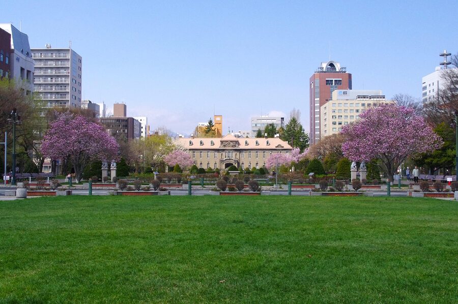 Lawn and tree-lined path in Odori Park, central Sapporo, in late spring