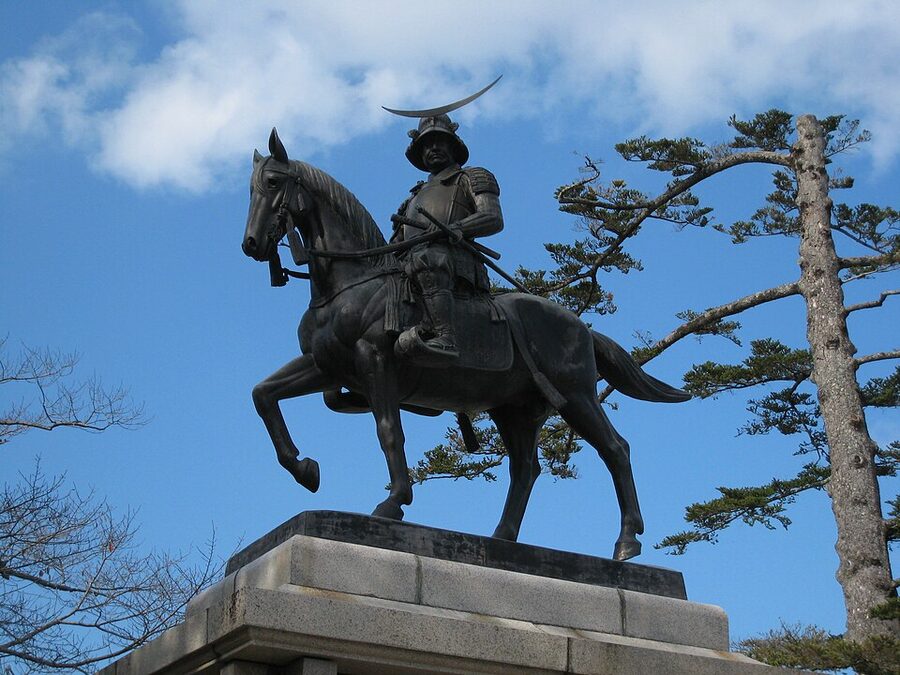 Bronze equestrian statue of Date Masamune at Aoba Castle ruins in Sendai, Miyagi Prefecture