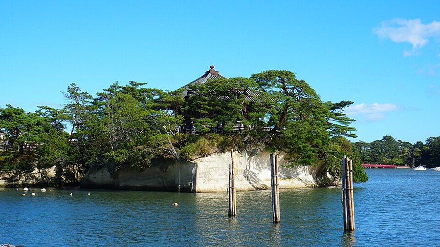 Godaido temple on a small island connected by red bridges in Matsushima Bay