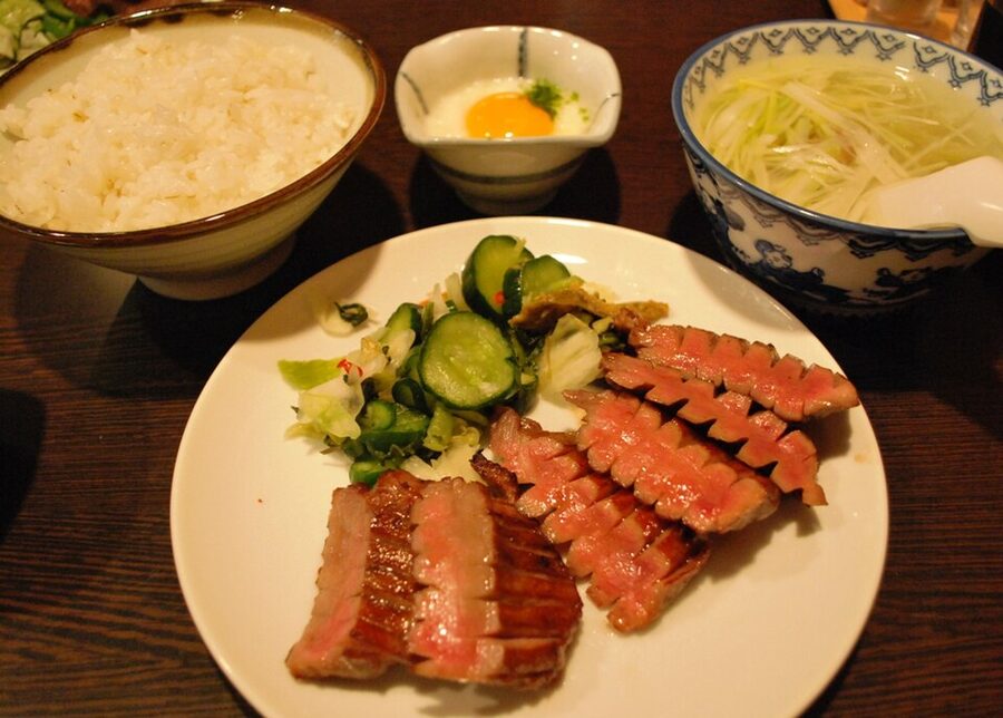 Full gyutan teishoku set with grilled beef tongue, barley rice, oxtail soup and pickles