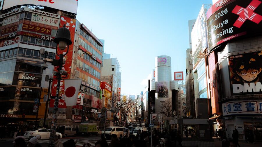 Shibuya crossing during daytime with billboards