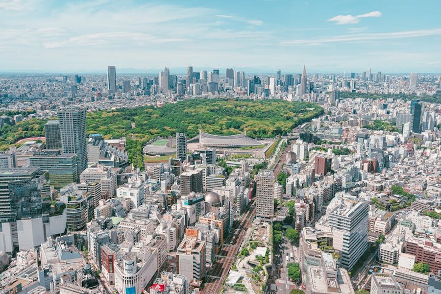 Aerial view of Tokyo skyline with Yoyogi Park