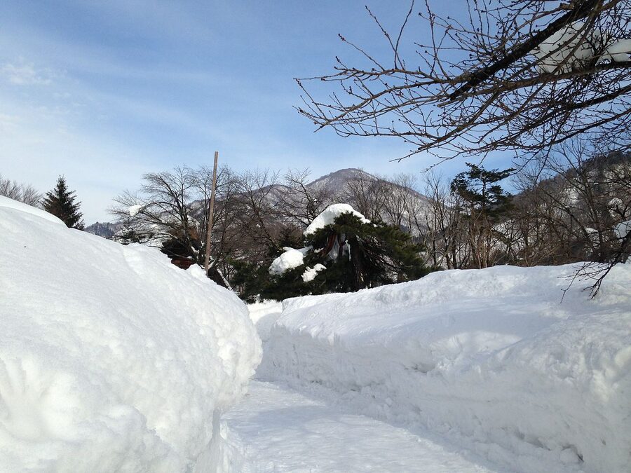 View of mountains behind Gassho-zukuri Minkaen open-air museum in Shirakawa-go