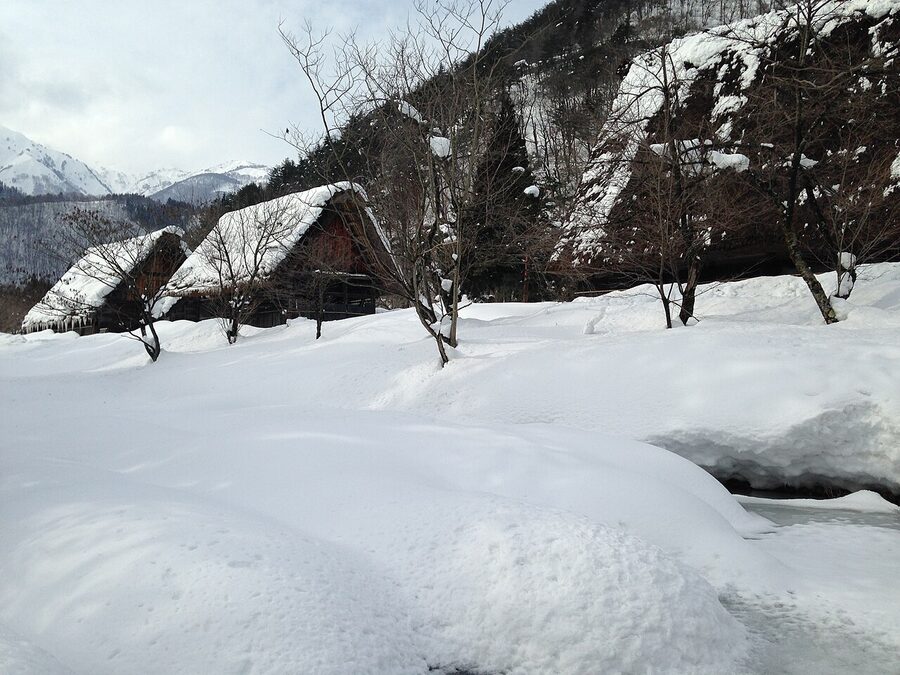 Gassho-zukuri Minkaen open-air museum buildings under snow in winter