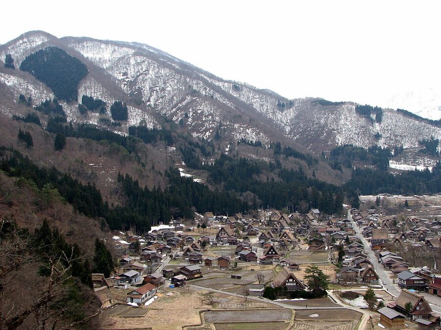 Aerial view of Ogimachi village from the Shiroyama observation deck showing rows of gassho-zukuri houses