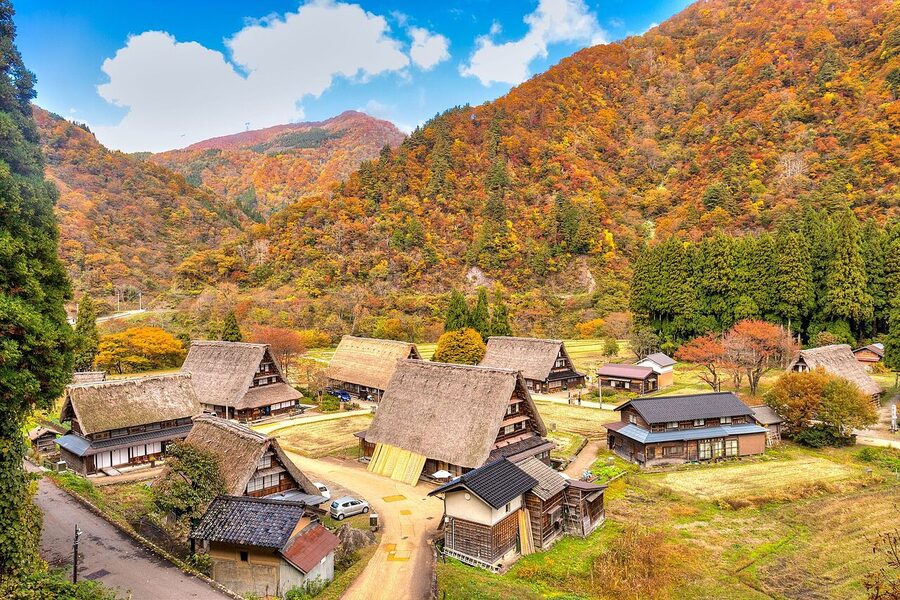 Detail of Suganuma gassho-zukuri farmhouses against forested mountain backdrop