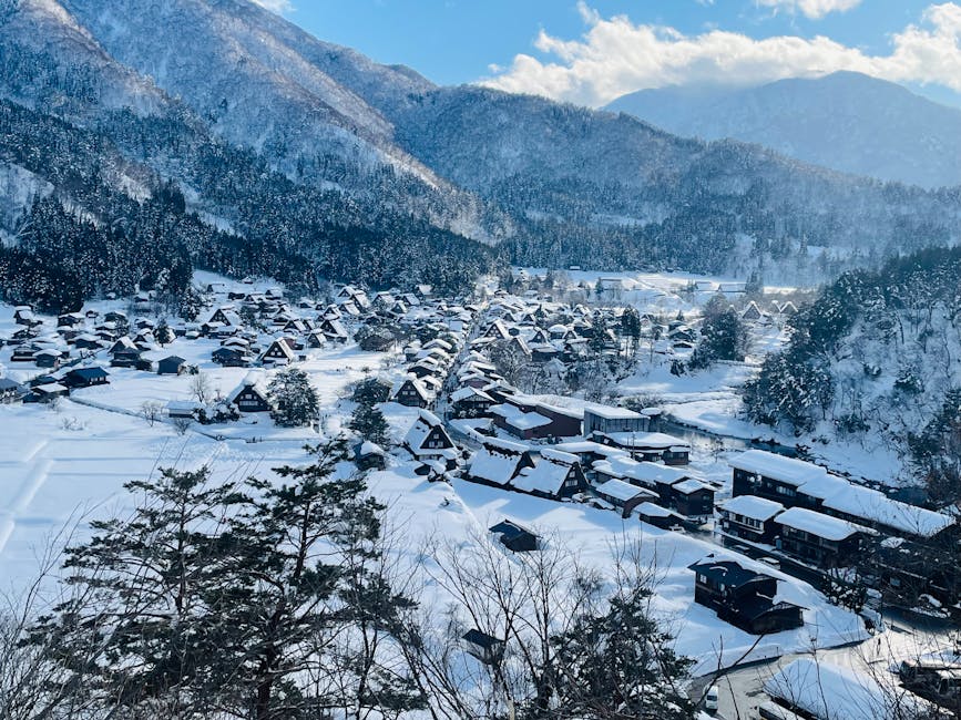 Aerial view of Shirakawa-go village snow-covered in winter