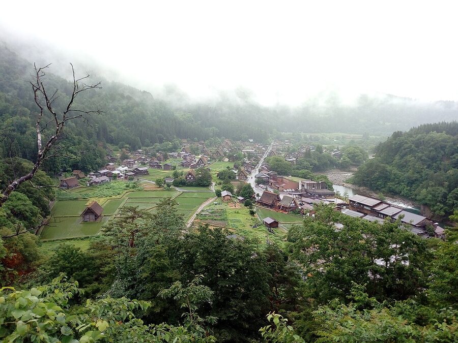 Aerial view of Ogimachi gassho-zukuri houses from the Shiroyama observation deck