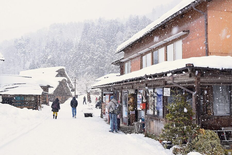 The Deai Bridge over the Shogawa river at Shirakawa-go in deep winter snow