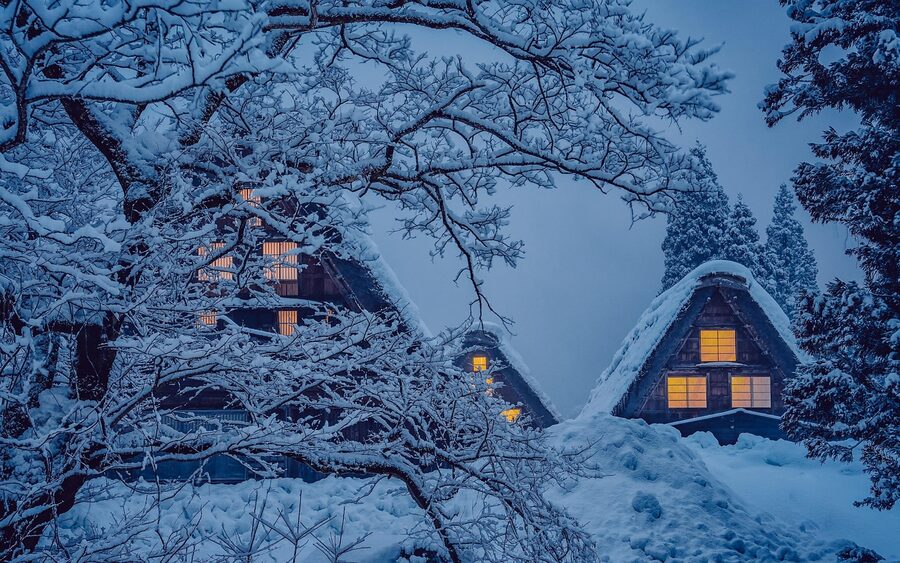 Shirakawa-go gassho-zukuri houses lit up against the snow at evening