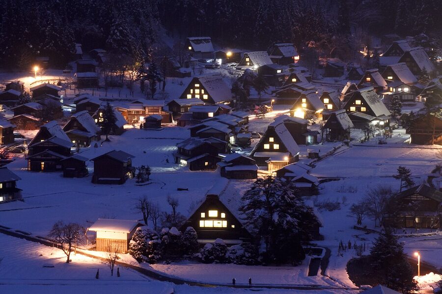 Night view of Shirakawa-go gassho-zukuri farmhouses with floodlight illumination