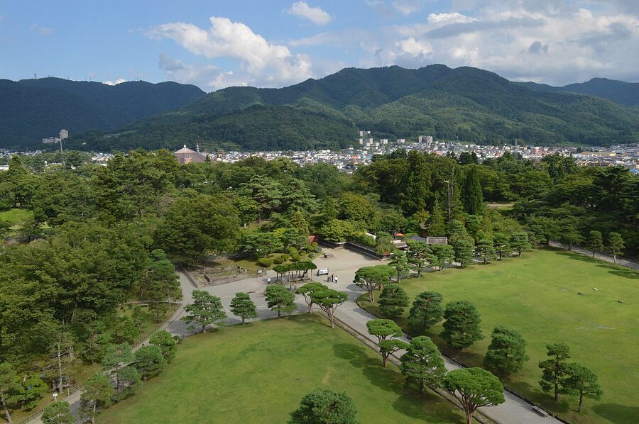 Tsuruga Castle keep with white walls and red-tiled roofs, Aizu-Wakamatsu