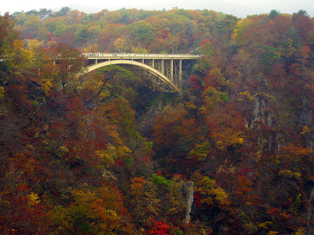 Naruko Gorge autumn leaves with bridge over canyon, Miyagi