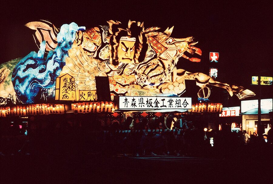 Aomori Nebuta-matsuri illuminated warrior float during night parade
