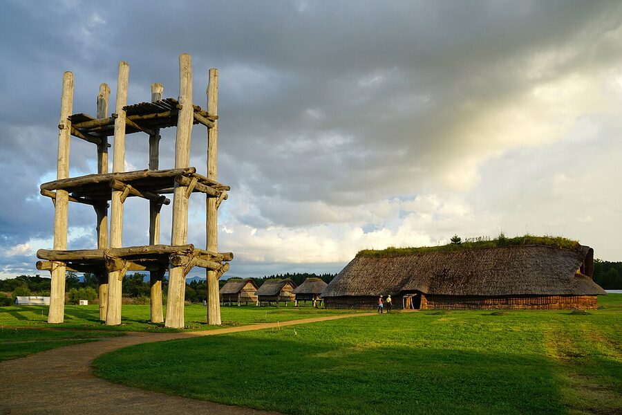 Reconstructed Jomon-era wooden pit dwellings at Sannai-Maruyama, Aomori
